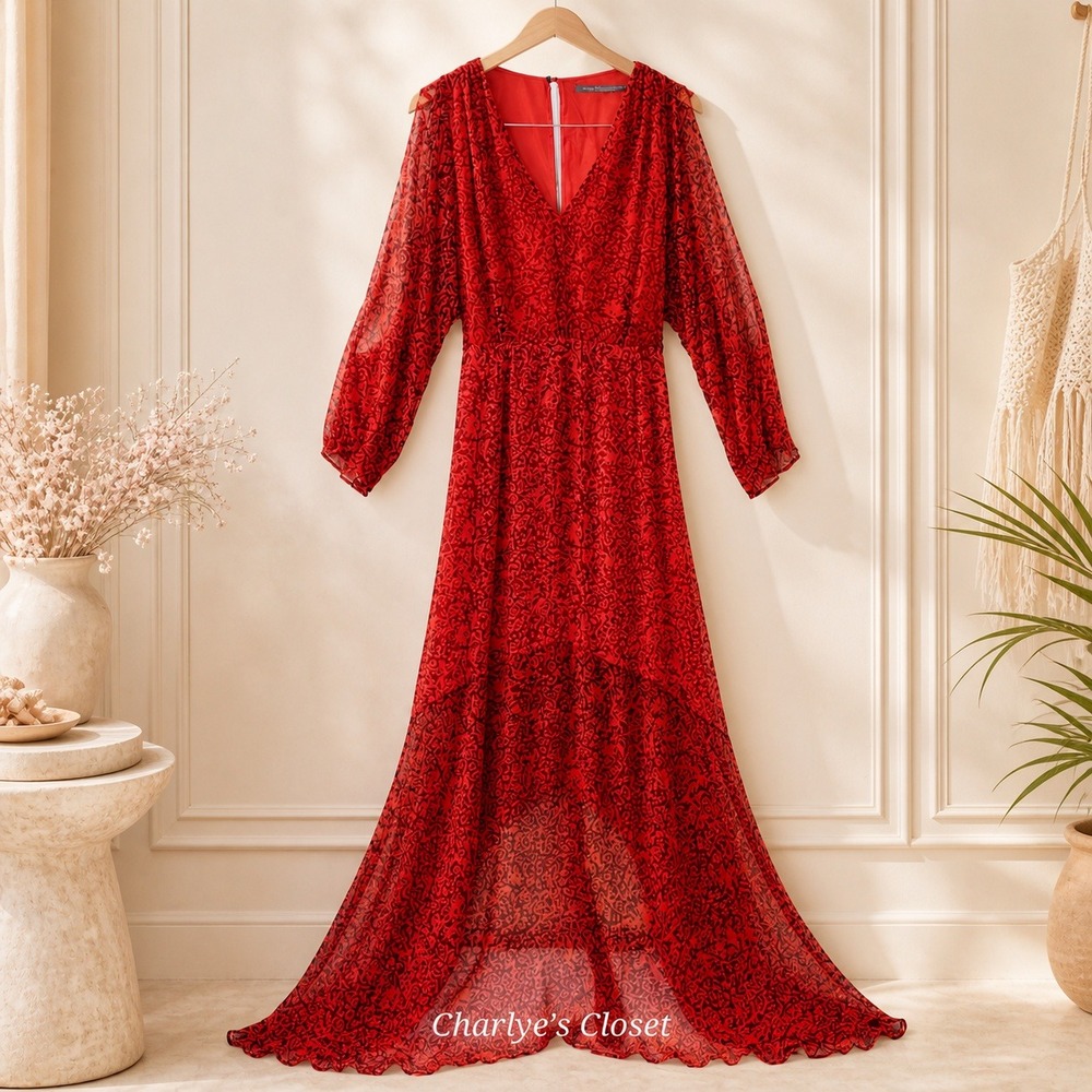 Vtg Cynthia Vincent‎ 100% Silk Red Print Maxi Dress 4 Sheer High-Low Slit Sleeve